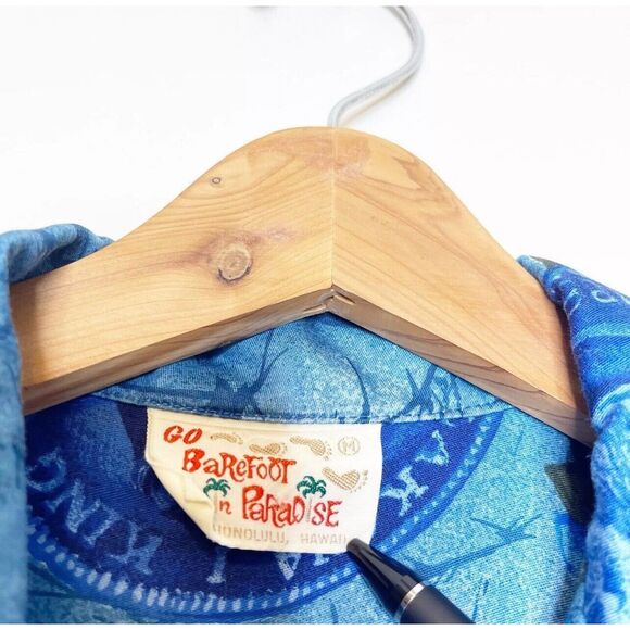 Vintage M Medium Go Barefoot in Paradise Hawaiian Shirt King Of Hawaii Kalakaua - Picture 10 of 16